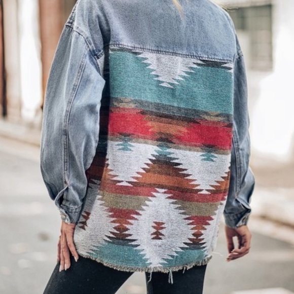 Denim Southwest Blanket Chouyatou Navaho Blanket Print Button Jacket L - Picture 3 of 16